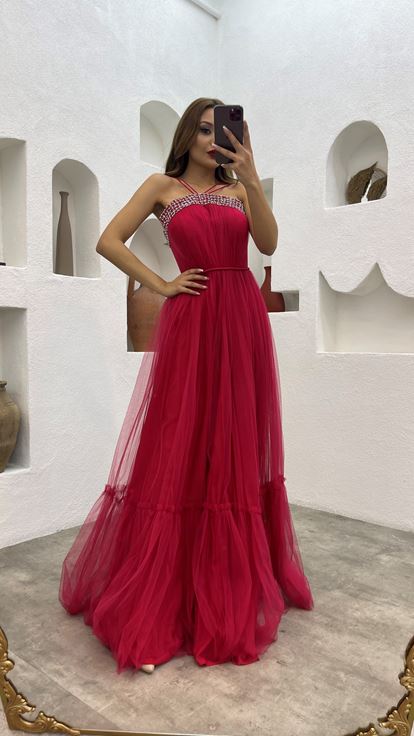 Red Rope Strap Embroidered Tulle Evening Dress