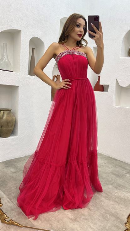 Red Rope Strap Embroidered Tulle Evening Dress