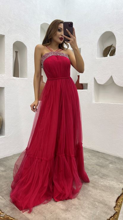 Red Rope Strap Embroidered Tulle Evening Dress