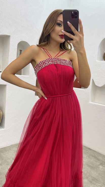 Red Rope Strap Embroidered Tulle Evening Dress