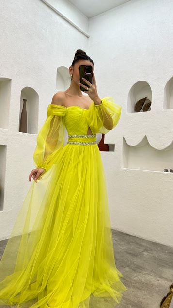 Yellow Waist Embroidered Detail Tulle Evening Dress