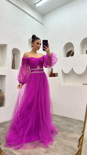 Fuchsia Waist Embroidered Detail Tulle Evening Dress