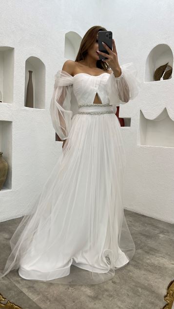 White Embroidered Waist Detailed Tulle Evening Dress