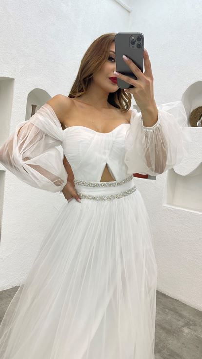 Beyaz Beli İşlemeli Tül Abiye Elbise