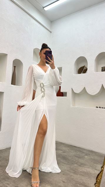 White Waist Embroidered Detail Pleated Satin Evening Dress