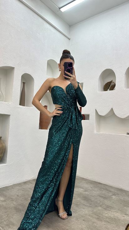 Smeraldo manica singola coulisse paillettes abito da sera