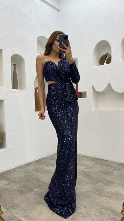 Blu Navy Abito da sera con coulisse a maniche singole con paillettes