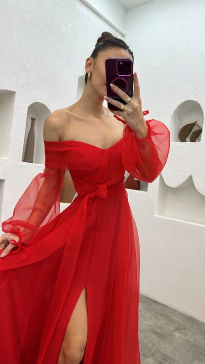 Red Sash Detail Tulle Evening Dress