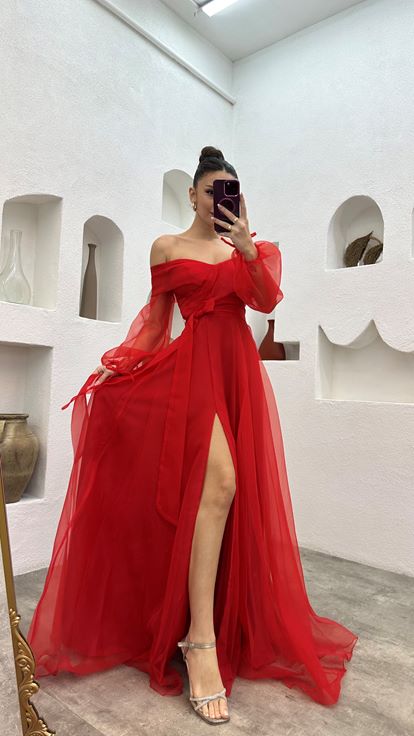 Red Sash Detail Tulle Evening Dress