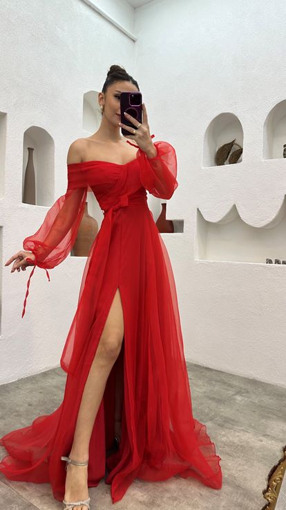 Red Sash Detail Tulle Evening Dress