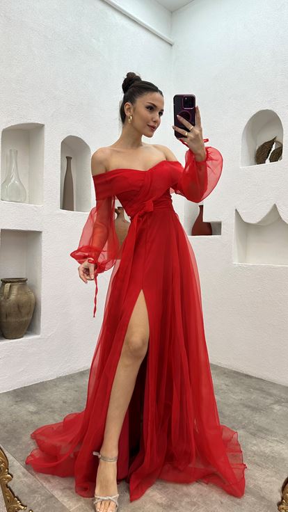 Red Sash Detail Tulle Evening Dress