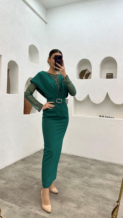 Emerald Bead Embroidery Detail Belted Evening Dress