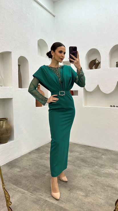 Emerald Bead Embroidery Detail Belted Evening Dress