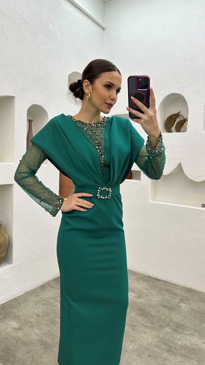 Emerald Bead Embroidery Detail Belted Evening Dress