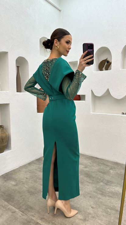 Emerald Bead Embroidery Detail Belted Evening Dress