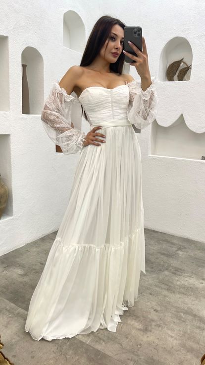 White Strapless Sleeve Detail Chiffon Evening Dress