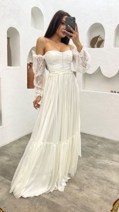 White Strapless Sleeve Detail Chiffon Evening Dress