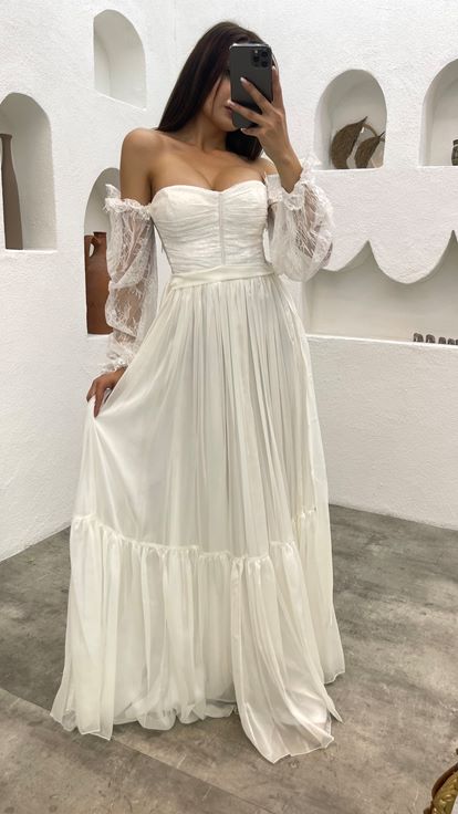 White Strapless Sleeve Detail Chiffon Evening Dress