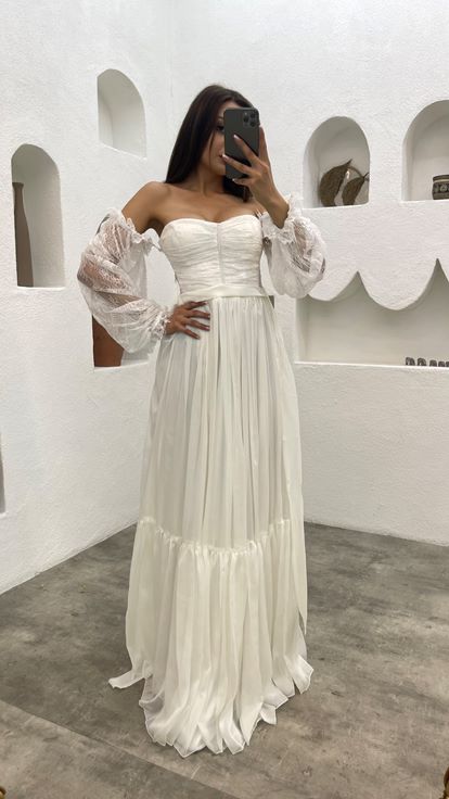 White Strapless Sleeve Detail Chiffon Evening Dress