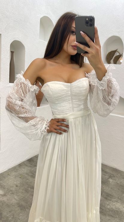 White Strapless Sleeve Detail Chiffon Evening Dress