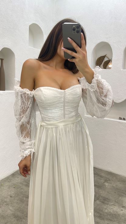 White Strapless Sleeve Detail Chiffon Evening Dress