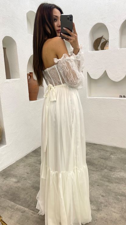 White Strapless Sleeve Detail Chiffon Evening Dress