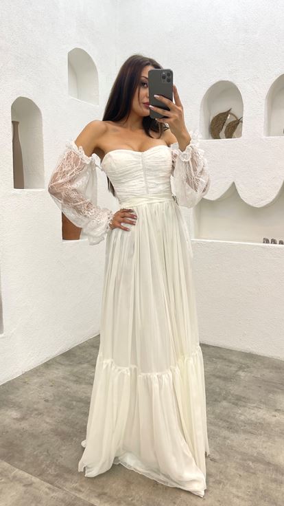 White Strapless Sleeve Detail Chiffon Evening Dress