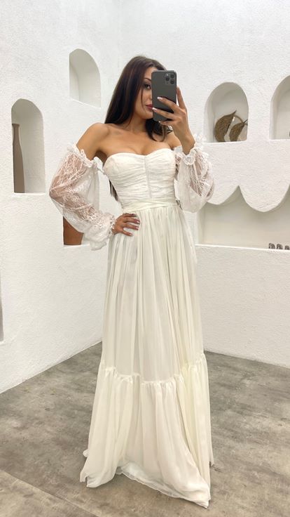 White Strapless Sleeve Detail Chiffon Evening Dress