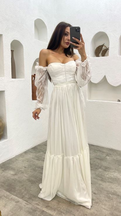 White Strapless Sleeve Detail Chiffon Evening Dress