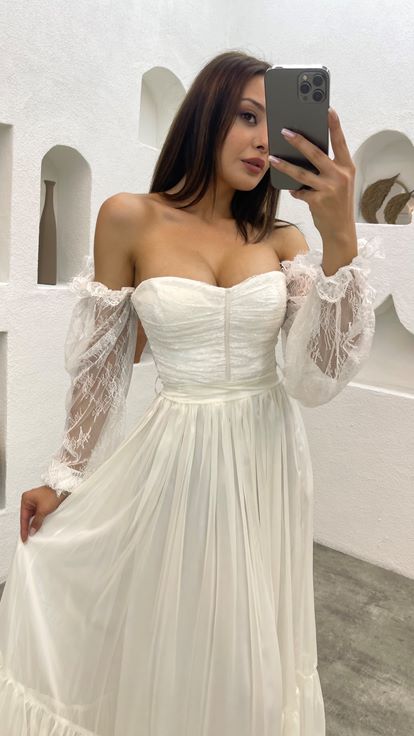 White Strapless Sleeve Detail Chiffon Evening Dress