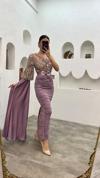 Lilac Single Sleeve Embroidered Detail Belted Evening Dress