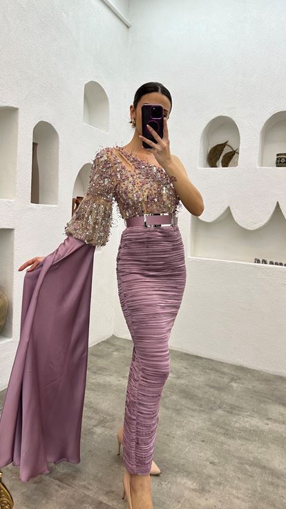 Lilac Single Sleeve Embroidered Detail Belted Evening Dress