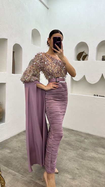 Lilac Single Sleeve Embroidered Detail Belted Evening Dress