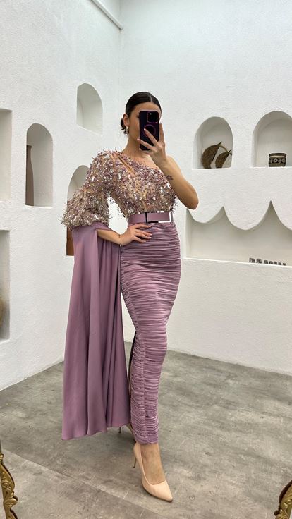 Lilac Single Sleeve Embroidered Detail Belted Evening Dress