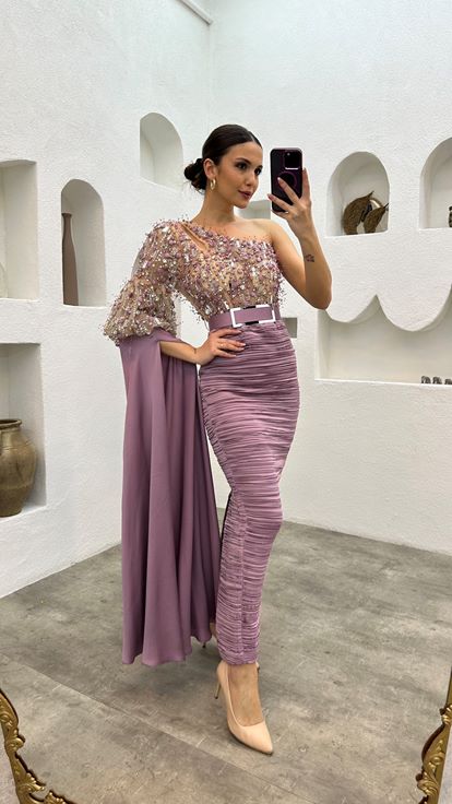 Lilac Single Sleeve Embroidered Detail Belted Evening Dress