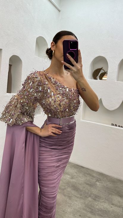 Lilac Single Sleeve Embroidered Detail Belted Evening Dress