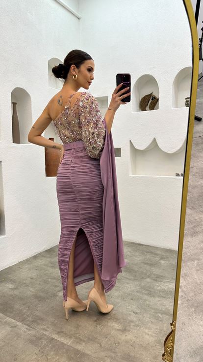 Lilac Single Sleeve Embroidered Detail Belted Evening Dress
