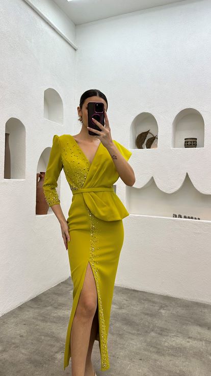 Yellow Bead Embroidery Detail Single Sleeve Belt Evening Dress