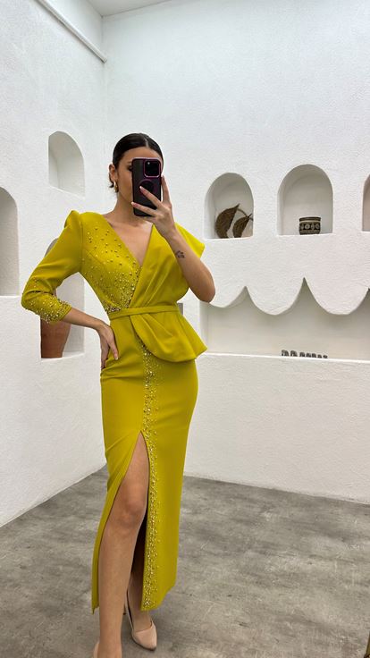 Yellow Bead Embroidery Detail Single Sleeve Belt Evening Dress