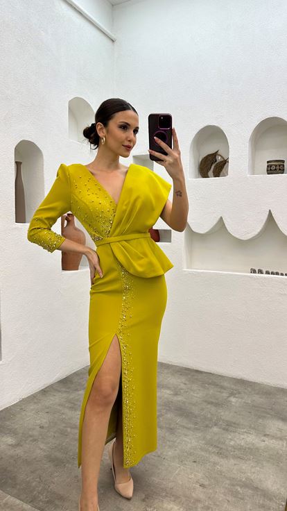 Yellow Bead Embroidery Detail Single Sleeve Belt Evening Dress