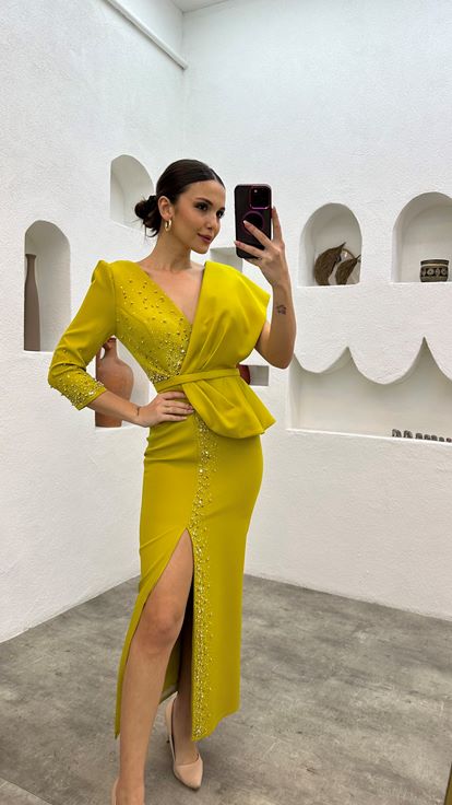 Yellow Bead Embroidery Detail Single Sleeve Belt Evening Dress