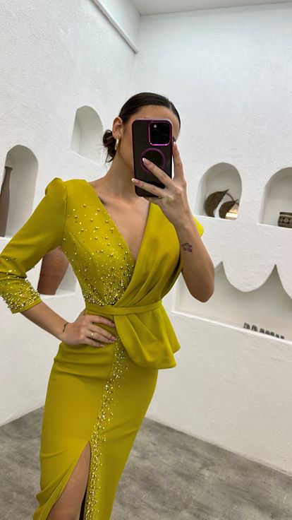 Yellow Bead Embroidery Detail Single Sleeve Belt Evening Dress