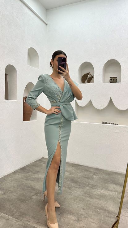 Mint Green Bead Embroidery Detail Single Sleeve Belt Evening Dress