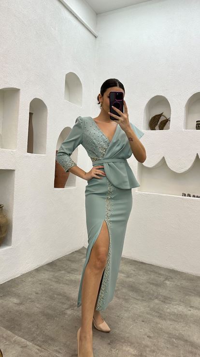 Mint Green Bead Embroidery Detail Single Sleeve Belt Evening Dress