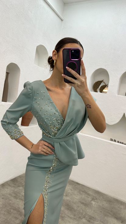 Mint Green Bead Embroidery Detail Single Sleeve Belt Evening Dress