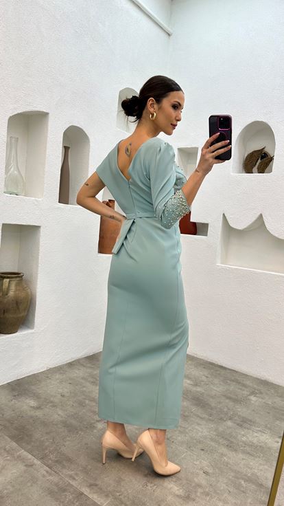 Mint Green Bead Embroidery Detail Single Sleeve Belt Evening Dress
