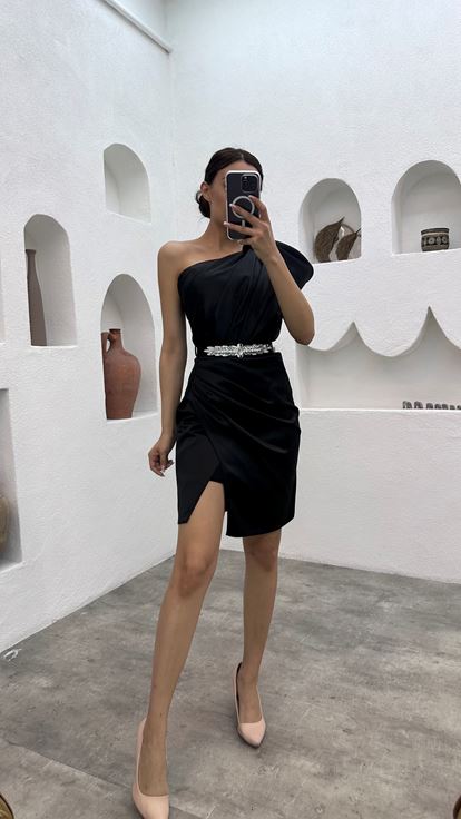 Black One Shoulder Belted Mini Satin Evening Dress