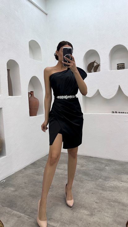 Black One Shoulder Belted Mini Satin Evening Dress