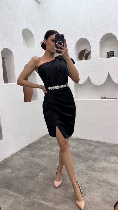 Black One Shoulder Belted Mini Satin Evening Dress