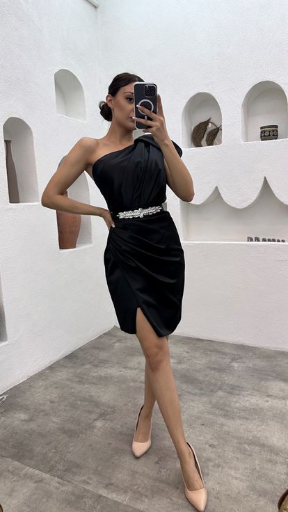 Black One Shoulder Belted Mini Satin Evening Dress